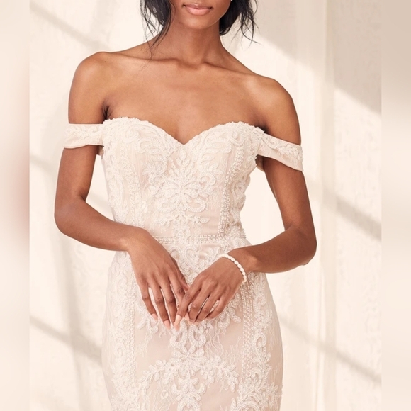 Lulus Promised Love White Beaded Lace Off-Shoulder Mermaid Wedding Dress, Size 4 - Picture 3 of 16
